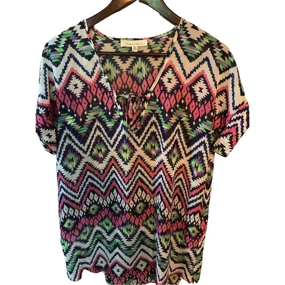 Francesca's Sheer Tunic Top Size S/M Short Sleeve V Neck Navy Pink & Green - Picture 3 of 7